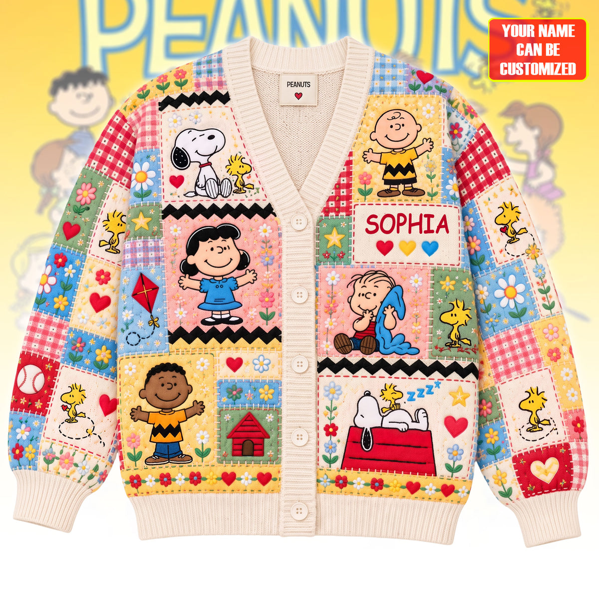 Sunny Friendship Patchwork Cardigan – Personalized Cozy Cartoon Friends Sweater