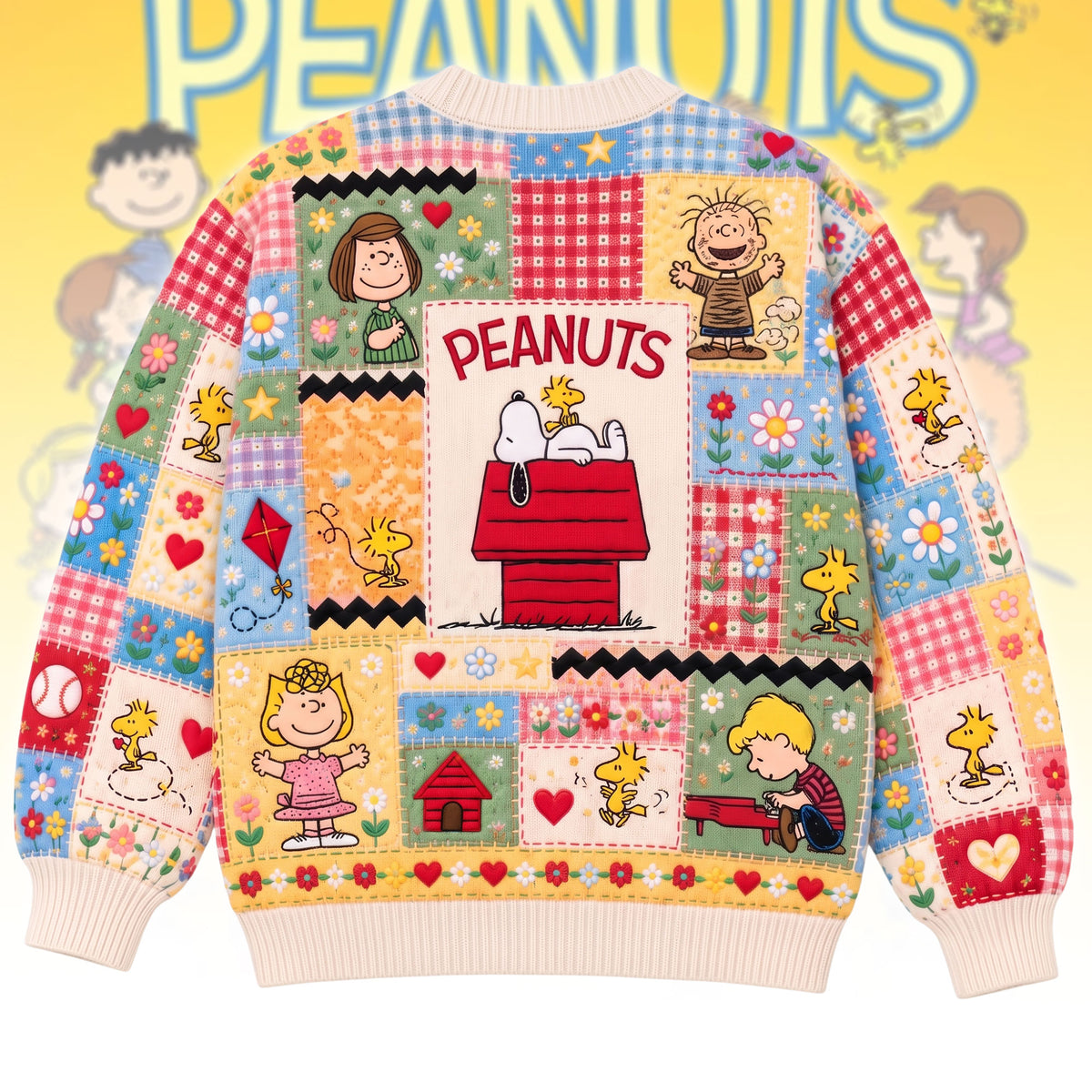 Sunny Friendship Patchwork Cardigan – Personalized Cozy Cartoon Friends Sweater