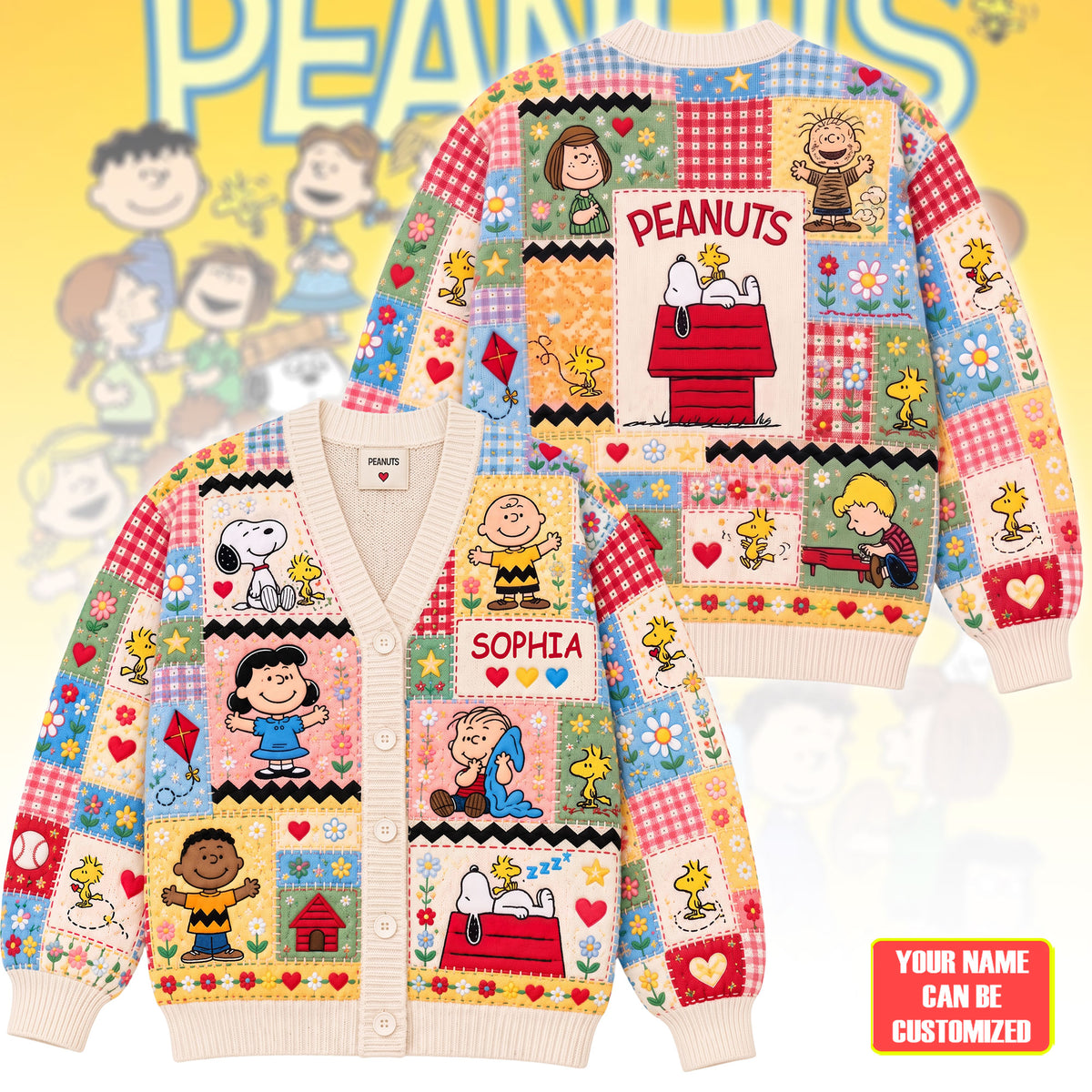 Sunny Friendship Patchwork Cardigan – Personalized Cozy Cartoon Friends Sweater
