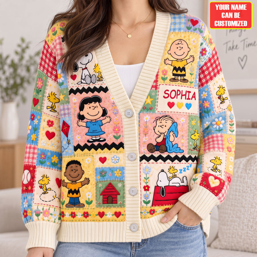 Sunny Friendship Patchwork Cardigan – Personalized Cozy Cartoon Friends Sweater