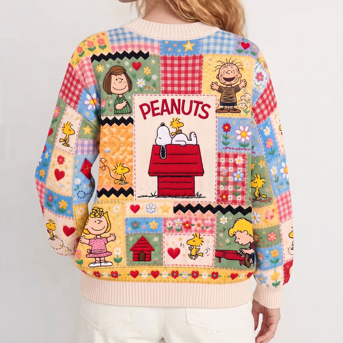 Sunny Friendship Patchwork Cardigan – Personalized Cozy Cartoon Friends Sweater