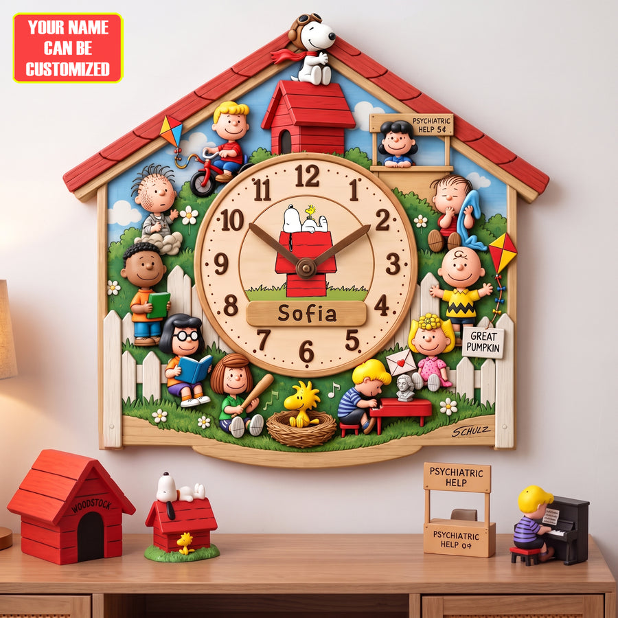 Personalized Classic Comic Friends Wall Clock – Custom Name Puppy & Friends Decor