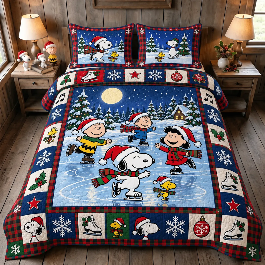 Winter Skating Cartoon Friends Quilt Bedding Set – Cozy Holiday Ice Skating Bed Set