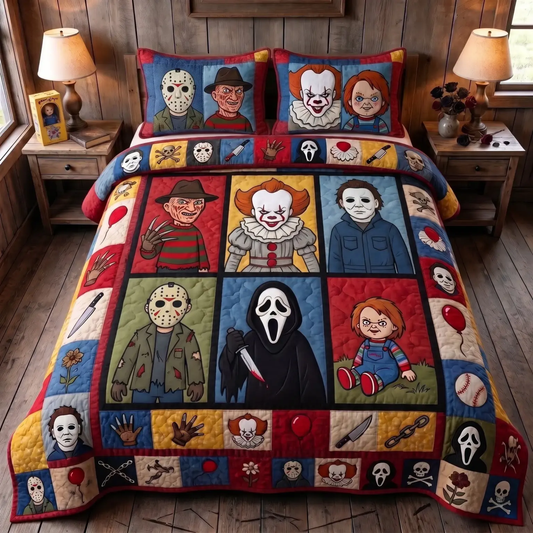 Midnight Horror Icons Quilt Bedding Set – Spooky Slasher Patchwork Bed Set