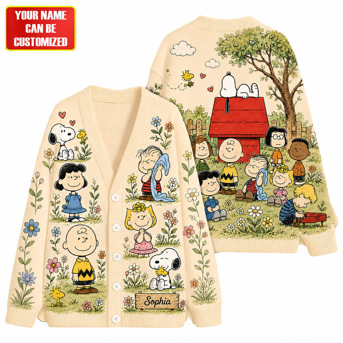 Personalized Puppy & Friends Floral Cardigan – Custom Name Vintage Garden Sweater