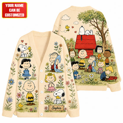 Personalized Puppy & Friends Floral Cardigan – Custom Name Vintage Garden Sweater
