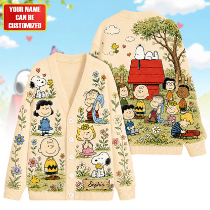 Personalized Puppy & Friends Floral Cardigan – Custom Name Vintage Garden Sweater