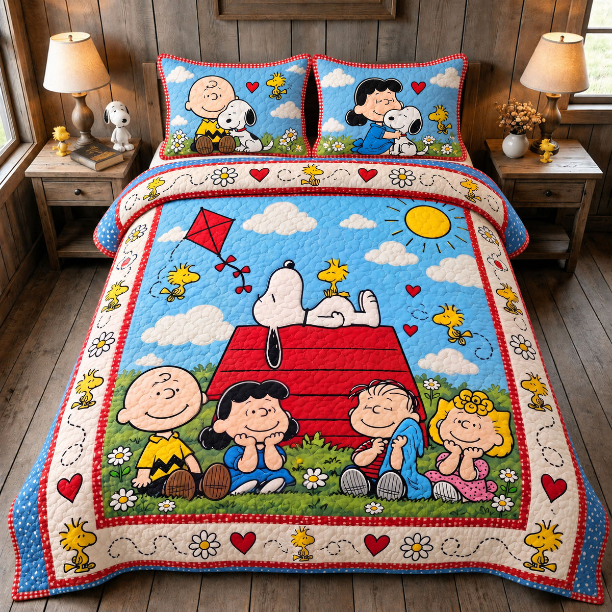 Sunny Day Cartoon Friends Quilt Bedding Set – Cozy Friendship Patchwork Bed Set
