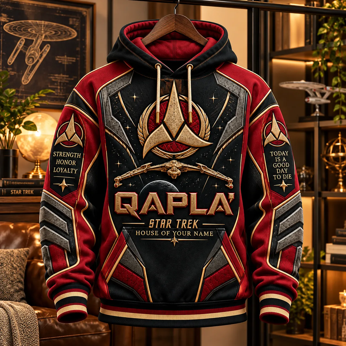 Galactic Warrior House Personalized Hoodie – Crimson Space Honor Pullover