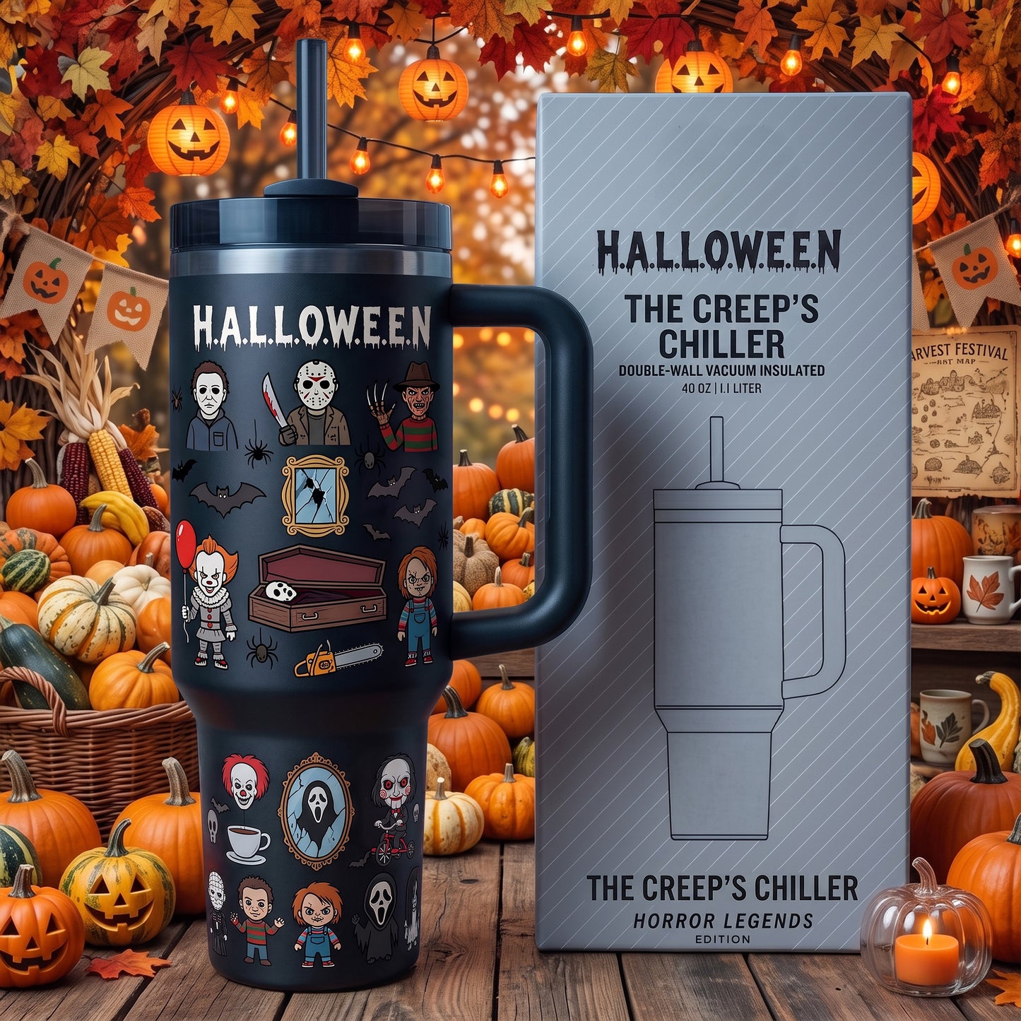 Halloween Horror Legends Tumbler with Handle – Spooky Character Insulated Cup, Halloween Gift