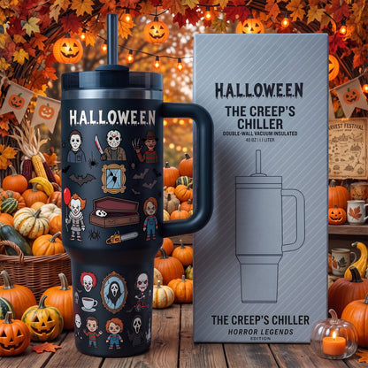 Halloween Horror Legends Tumbler with Handle – Spooky Character Insulated Cup, Halloween Gift