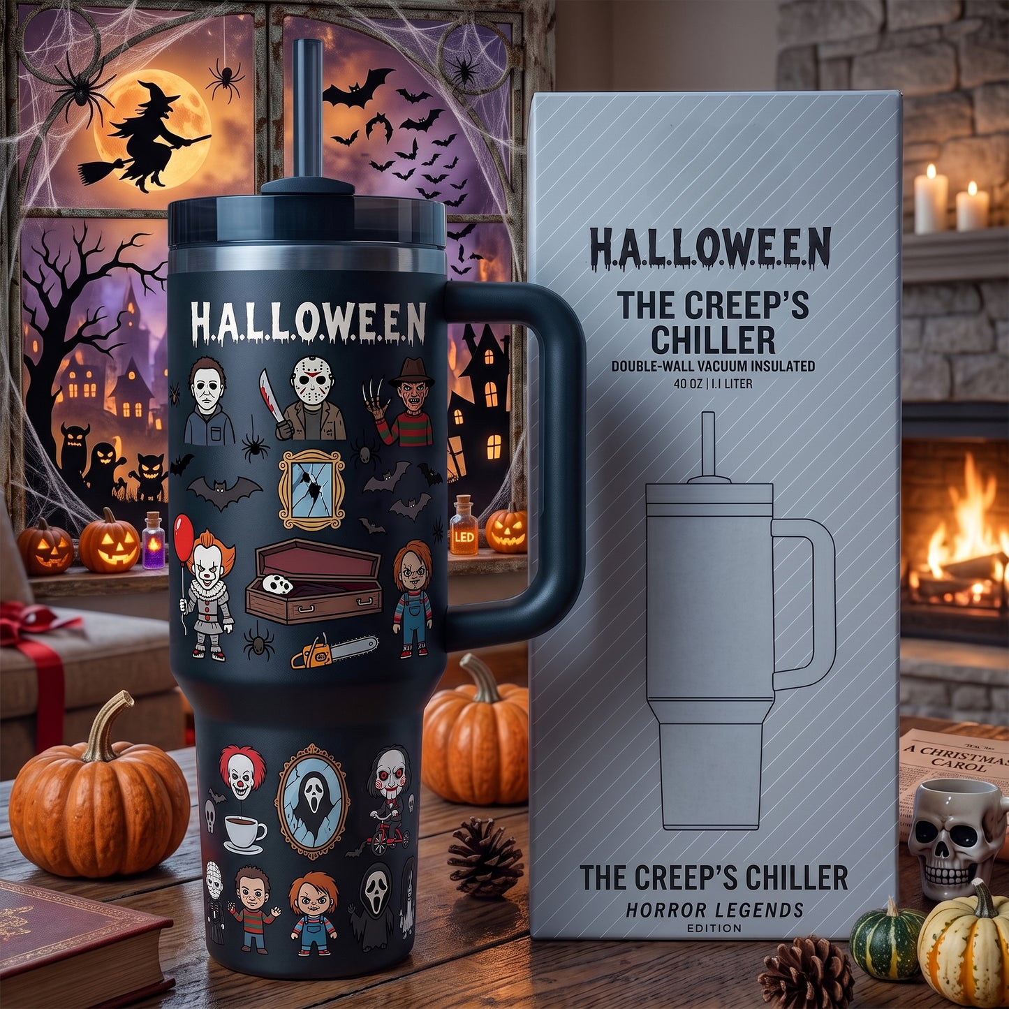 Halloween Horror Legends Tumbler with Handle – Spooky Character Insulated Cup, Halloween Gift