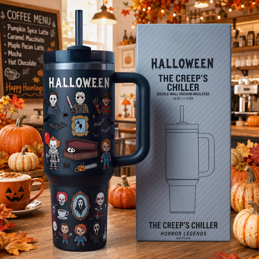 Halloween Horror Legends Tumbler with Handle – Spooky Character Insulated Cup, Halloween Gift