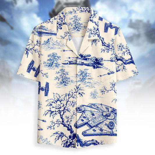 Galactic Fleet Hawaiian Shirt – Blue & Cream Sci-Fi Resort Button-Up