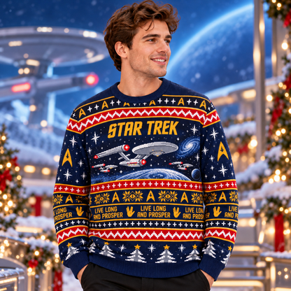 Cosmic Fleet Holiday Ugly Sweater – Retro Space Explorer Christmas Knit Sweater