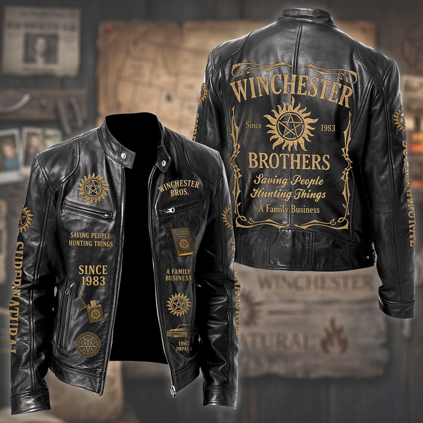 Hunter Brothers Est.1983 Vintage Collar Leather Jacket
