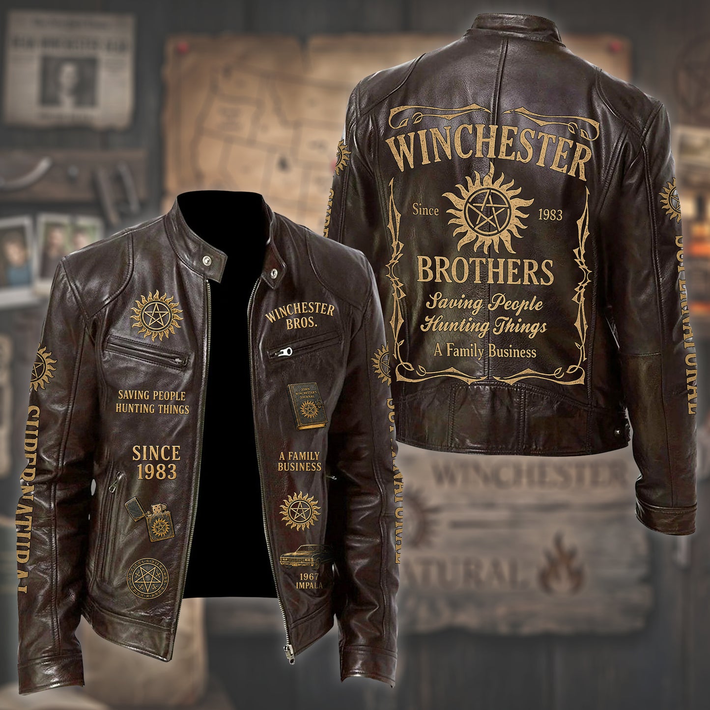 Hunter Brothers Est.1983 Vintage Collar Leather Jacket