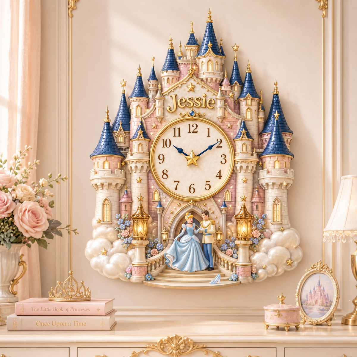 Personalized Magic Princess Wall Clock – Custom Name Castle Clock Decor