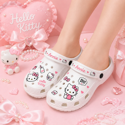 Personalized Kawaii Cat Clogs – Custom Name Cute Pink Cat With Bow Shoes