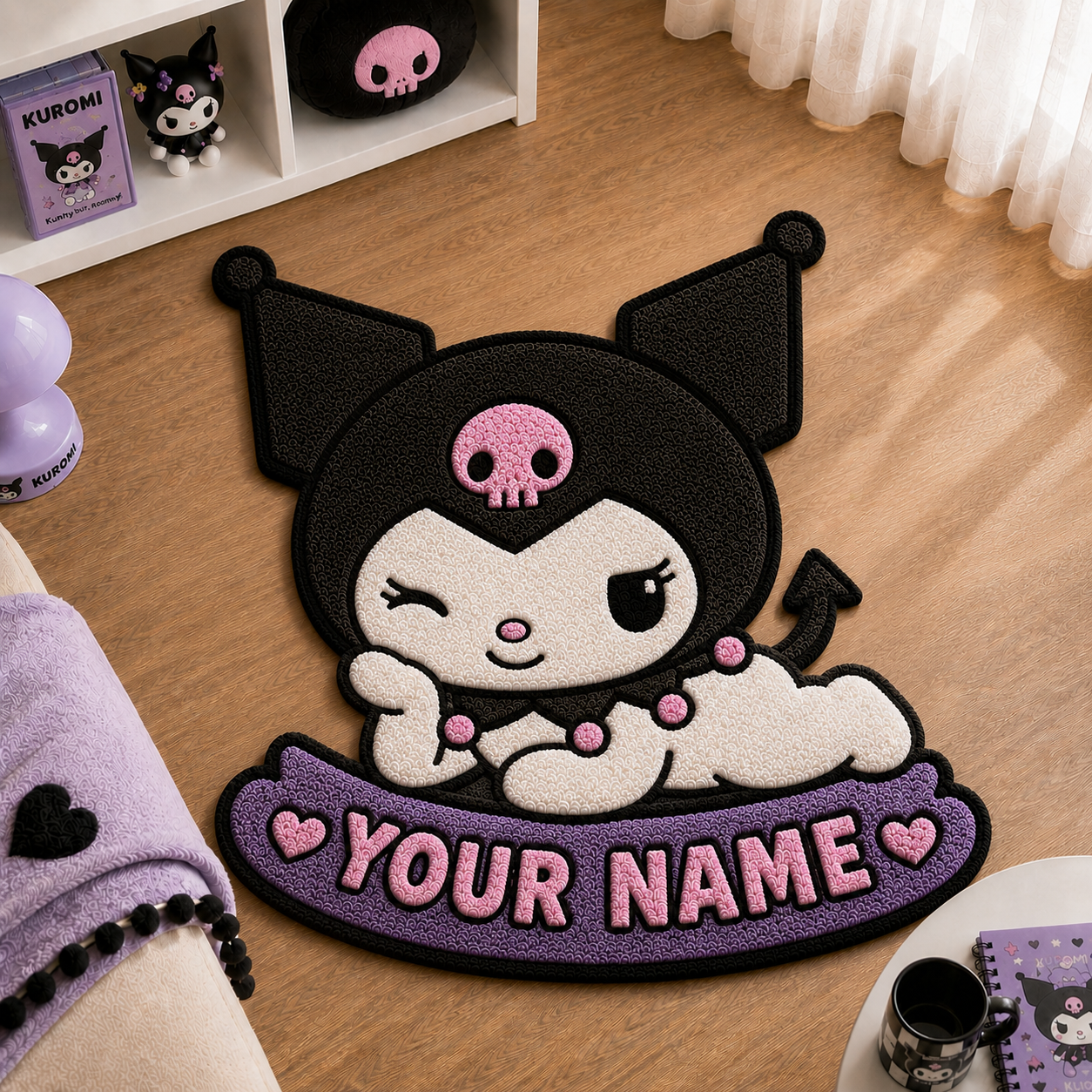 Personalized Gothic Evil Cat Tufted Rug – Custom Name Purple Cat Cute Bedroom Door Mat