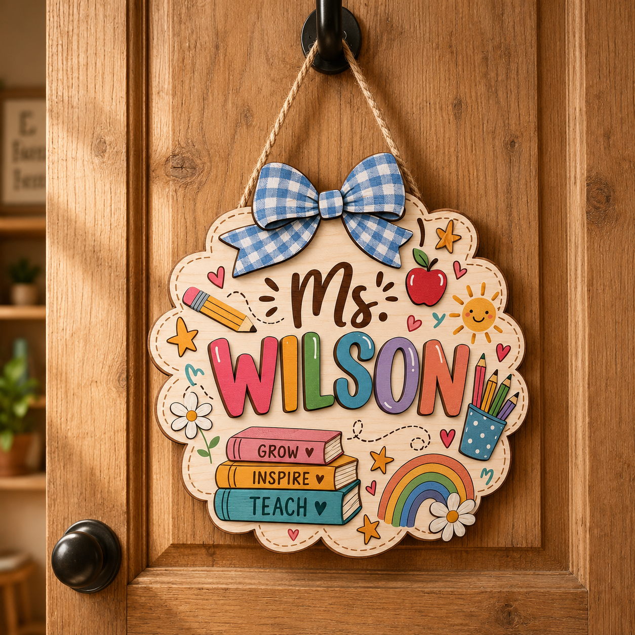 Personalized Teacher Door Sign – Custom Name Wooden Classroom Decor