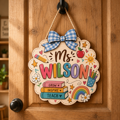Personalized Teacher Door Sign – Custom Name Wooden Classroom Decor