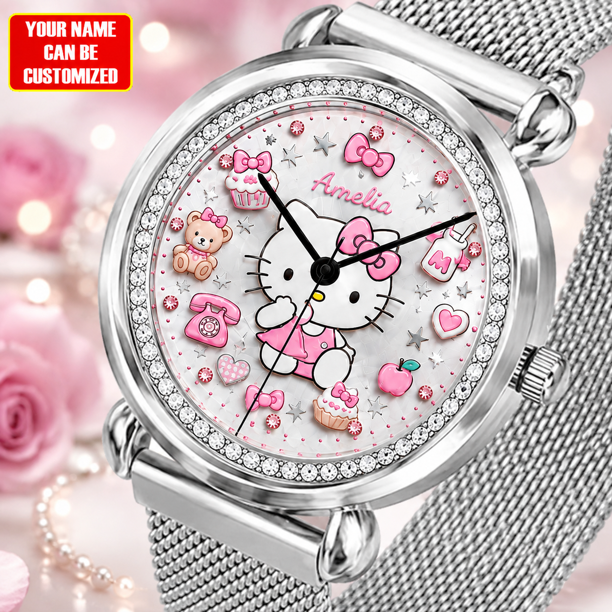 Personalized Pink Bow Cat hand Watch – Custom Name Gift for Her