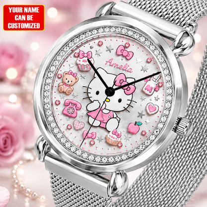 Personalized Pink Bow Cat hand Watch – Custom Name Gift for Her