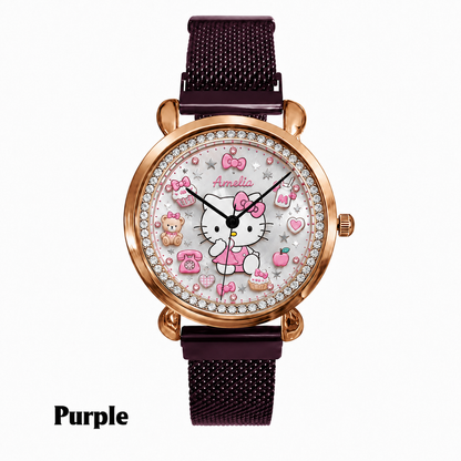 Personalized Pink Bow Cat hand Watch – Custom Name Gift for Her