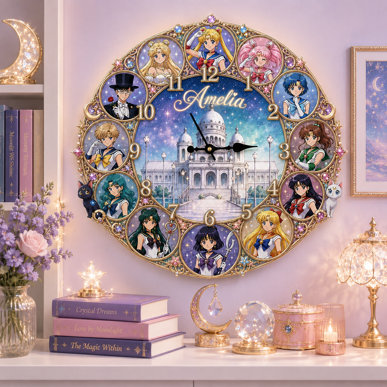 Personalized Magical Girl Acrylic Wall Clock – Custom Name Celestial Moon Anime Decor