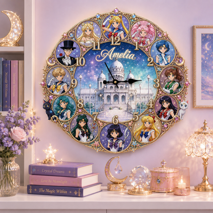 Personalized Magical Girl Acrylic Wall Clock – Custom Name Celestial Moon Anime Decor