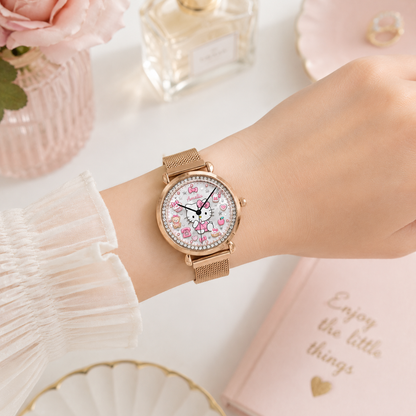 Personalized Pink Bow Cat hand Watch – Custom Name Gift for Her