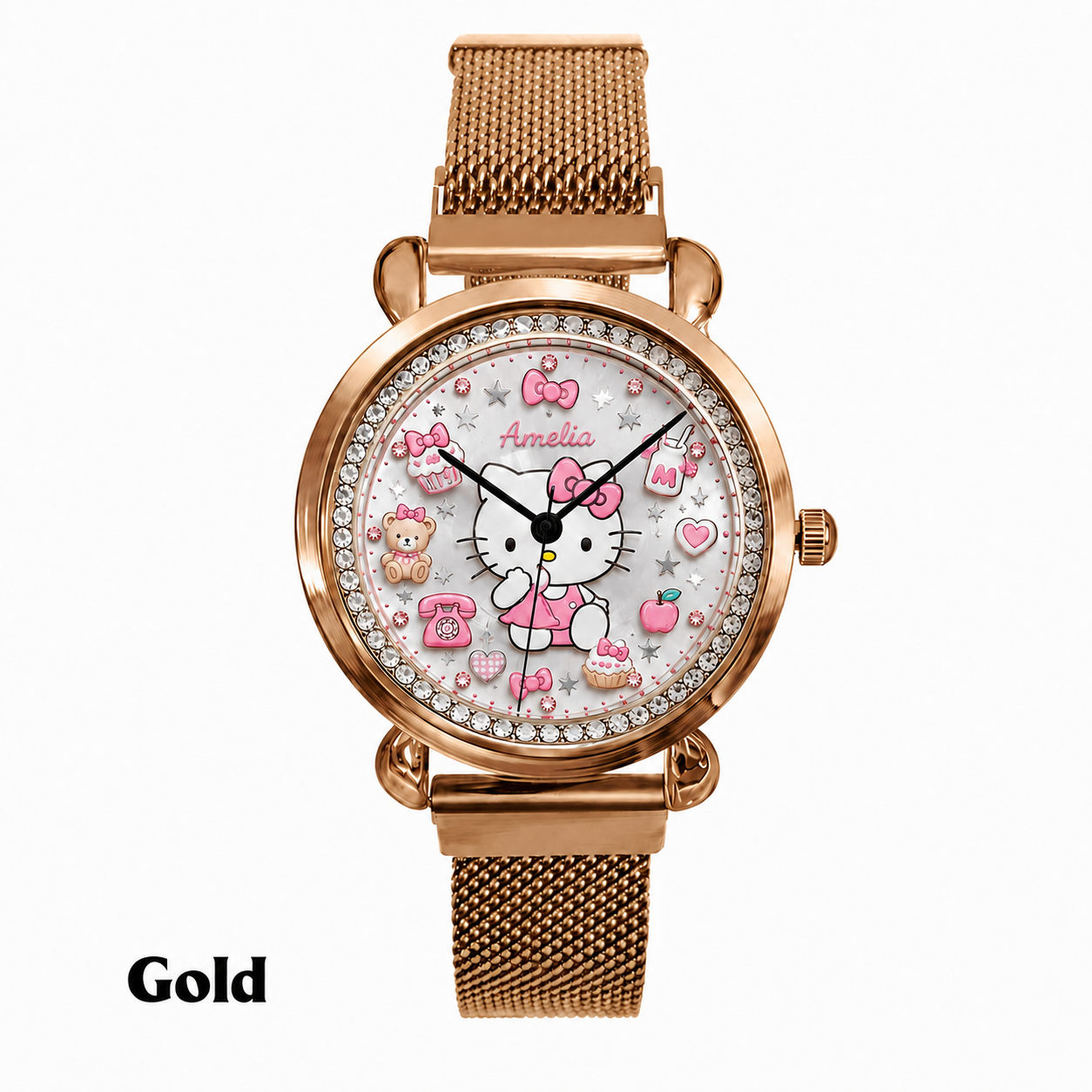 Personalized Pink Bow Cat hand Watch – Custom Name Gift for Her