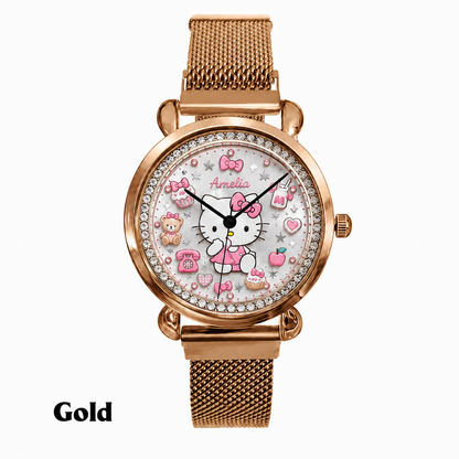 Personalized Pink Bow Cat hand Watch – Custom Name Gift for Her