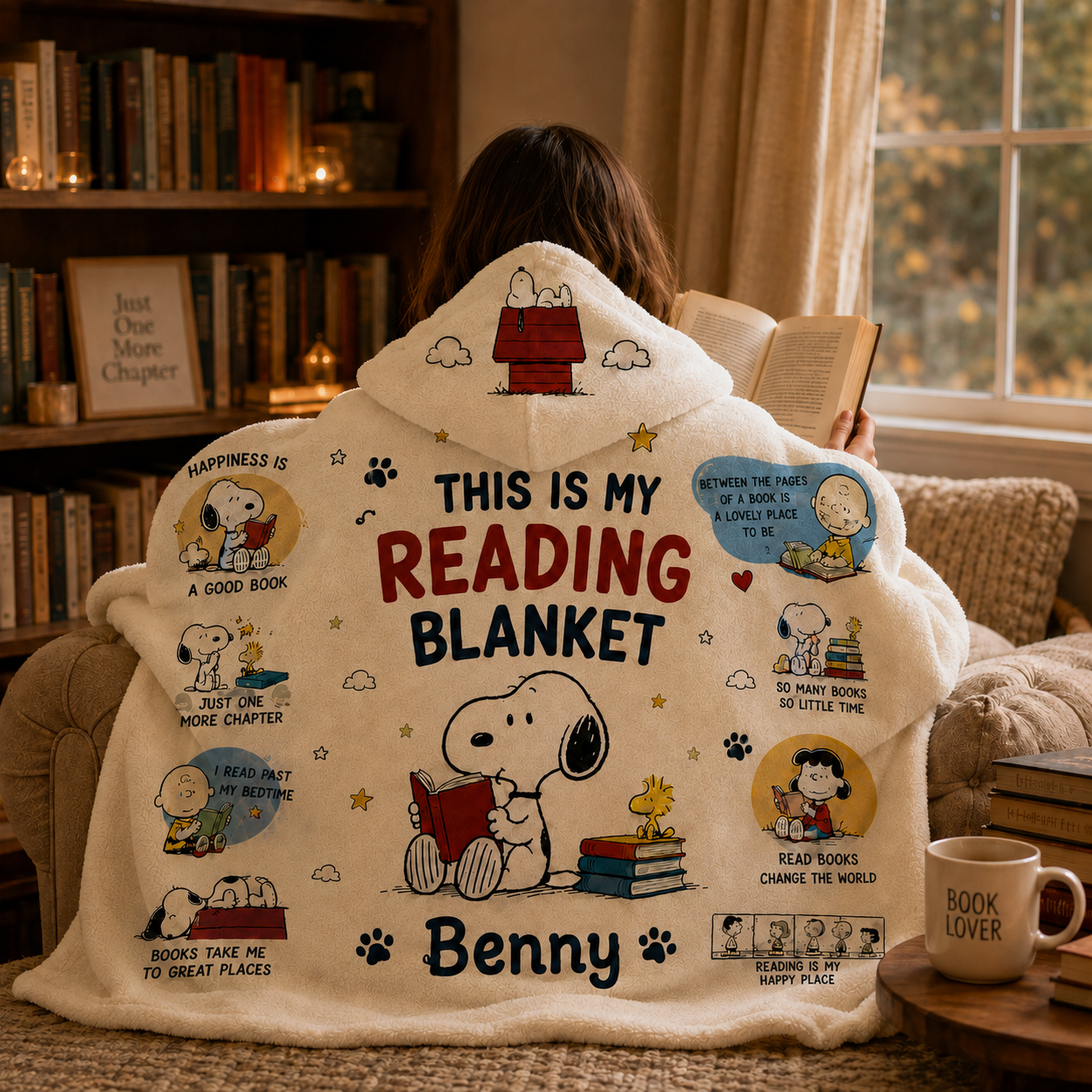 Personalized Book Lover Hooded Blanket, Custom Name Cute Dog Blanket, Reader Gift