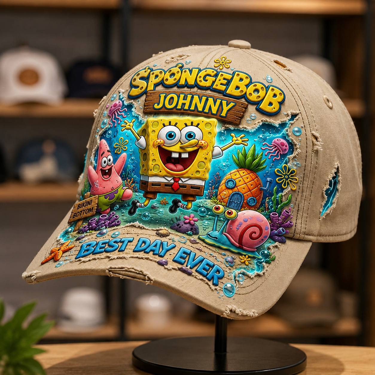 Personalized Underwater Cartoon Friends Cap – Custom Name Distressed Beach Hat