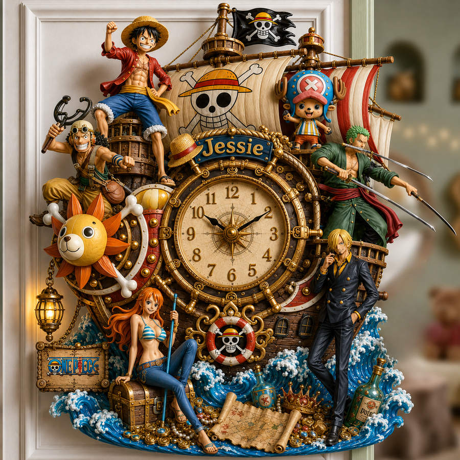 Personalized Anime Pirates Crew Wall Clock – Custom Name Straw Hat Decor