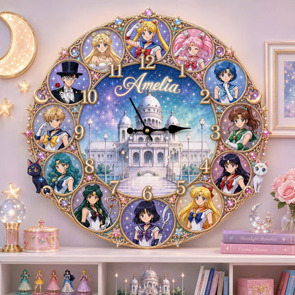 Personalized Magical Girl Acrylic Wall Clock – Custom Name Celestial Moon Anime Decor