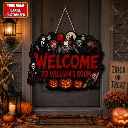 Personalized Horror Legends Halloween Door Sign – Custom Name Horror Characters Spooky Wooden Room Decor