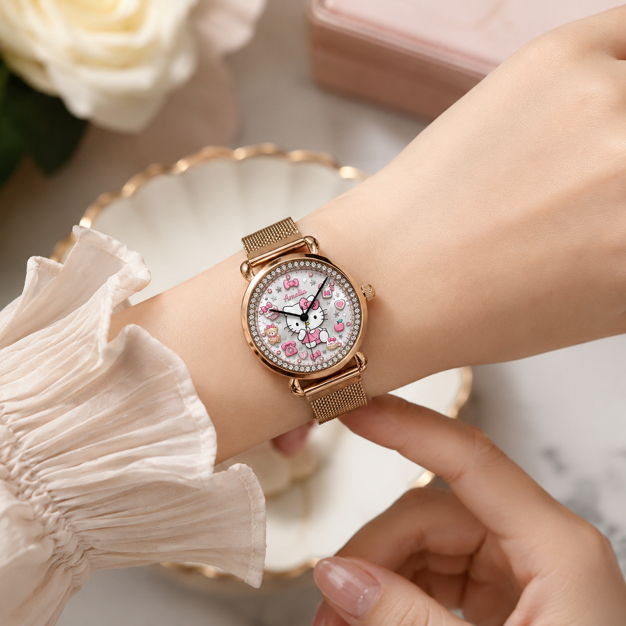 Personalized Pink Bow Cat hand Watch – Custom Name Gift for Her