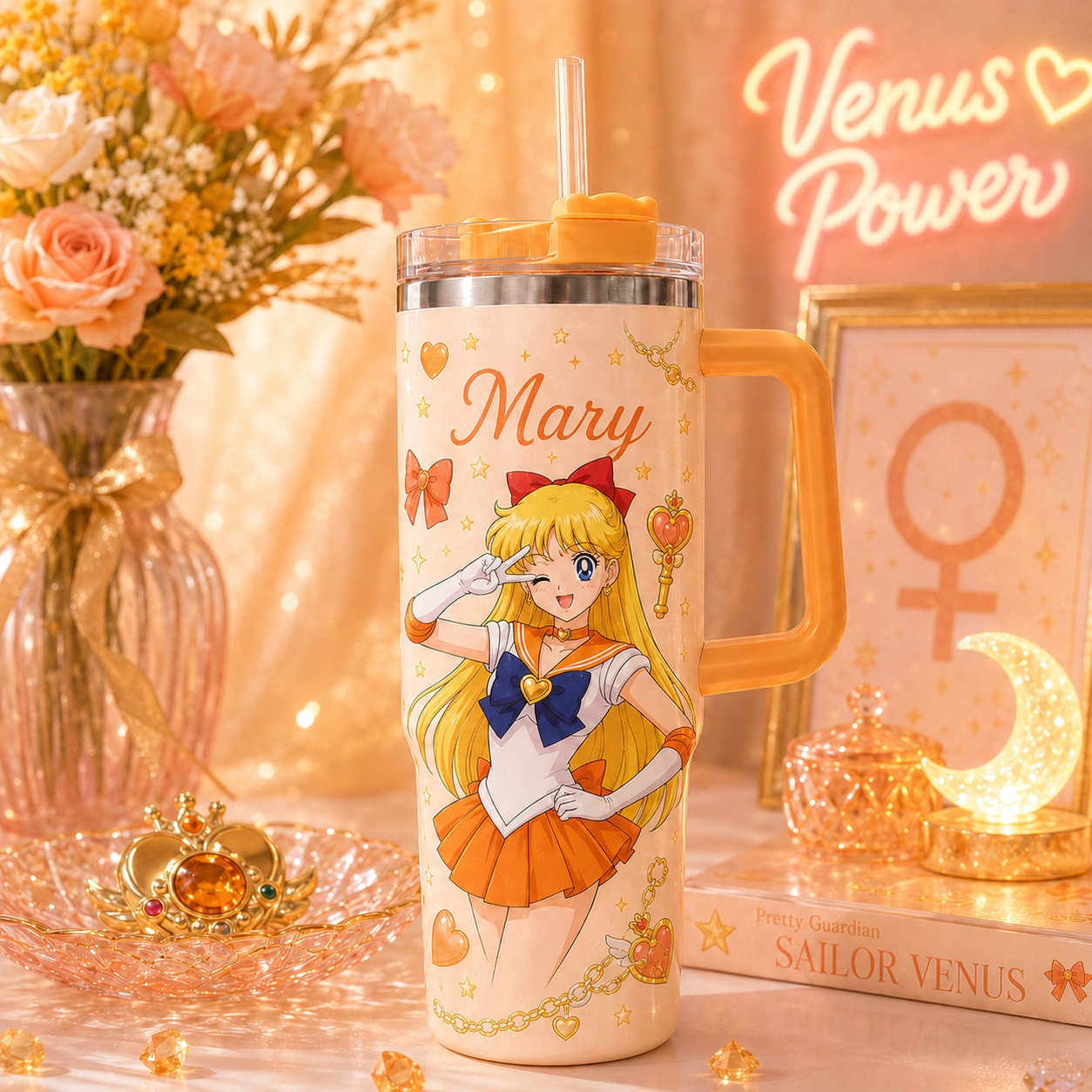 Personalized Moon Girl Travel Mug - Personalized Magical Girl Anime Tumbler with Handle