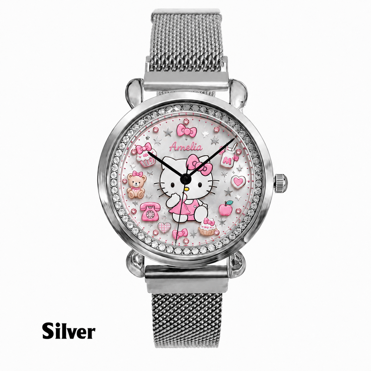 Personalized Pink Bow Cat hand Watch – Custom Name Gift for Her