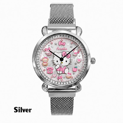 Personalized Pink Bow Cat hand Watch – Custom Name Gift for Her