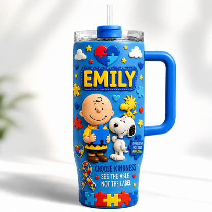 Autism Awareness Puppy & Friends Tumbler – Red Doghouse Travel Tumbler with Handle