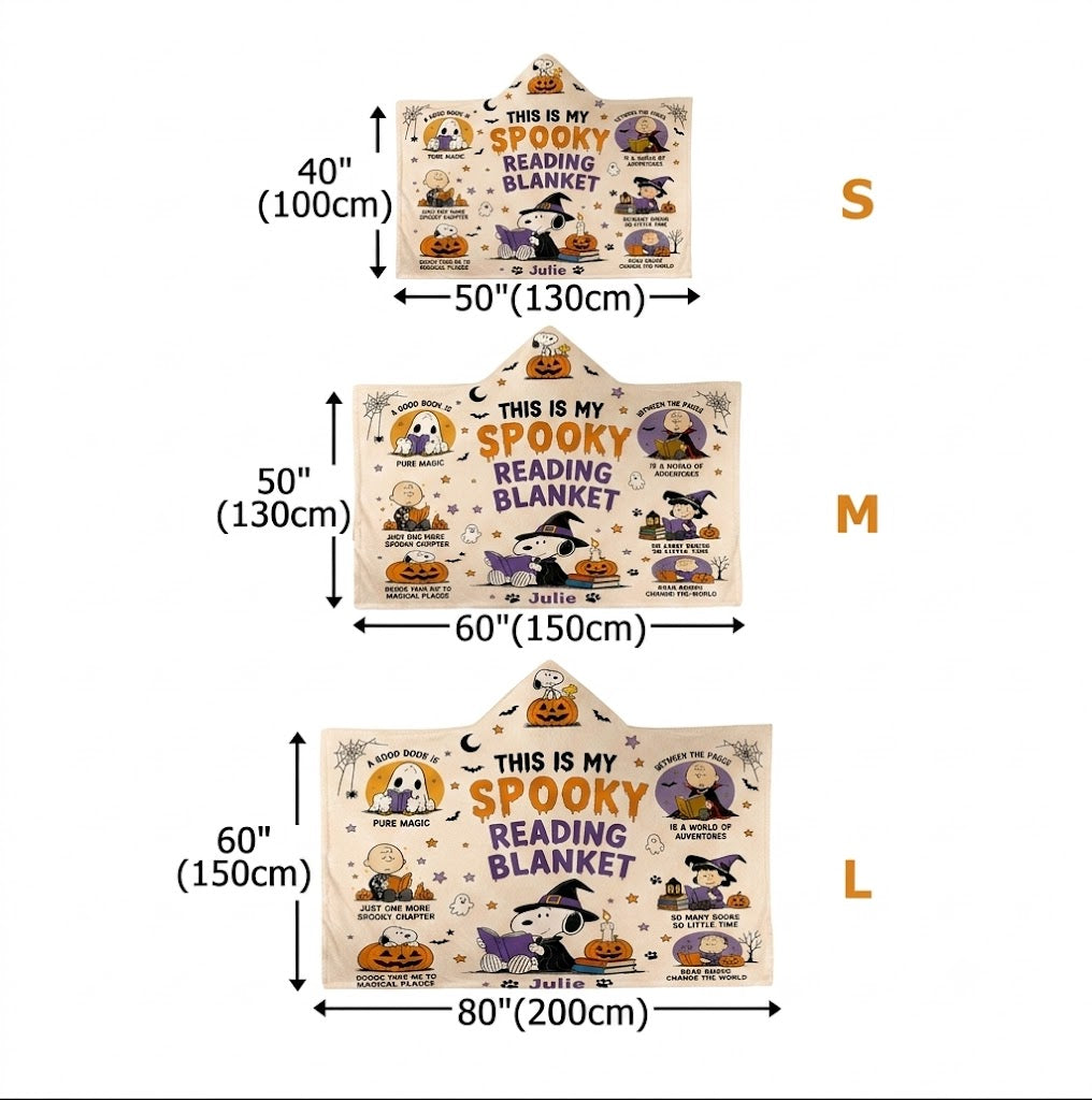 Personalized Cute Dog Spooky Reading Hooded Blanket, Halloween Book Lover Blanket Gift