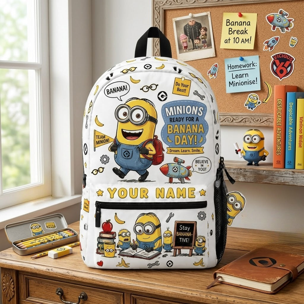 Custom Name Funny Yellow Character Backpack - Personalized Kids School Bag Gift