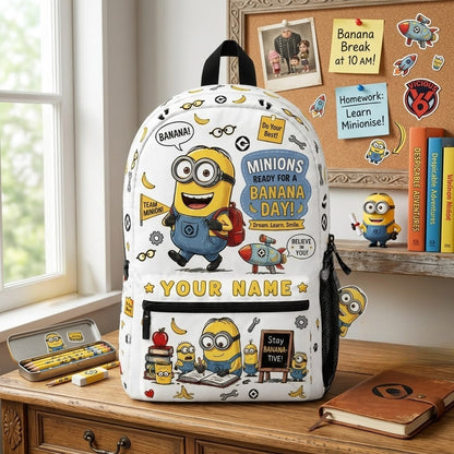 Custom Name Funny Yellow Character Backpack - Personalized Kids School Bag Gift