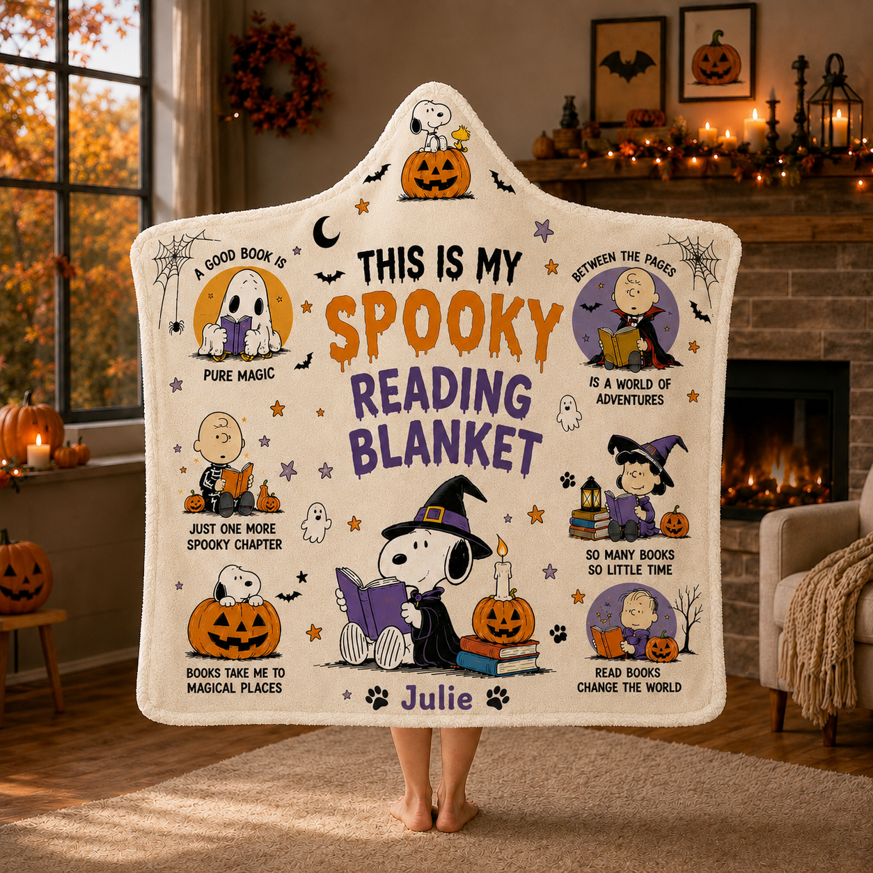 Personalized Cute Dog Spooky Reading Hooded Blanket, Halloween Book Lover Blanket Gift