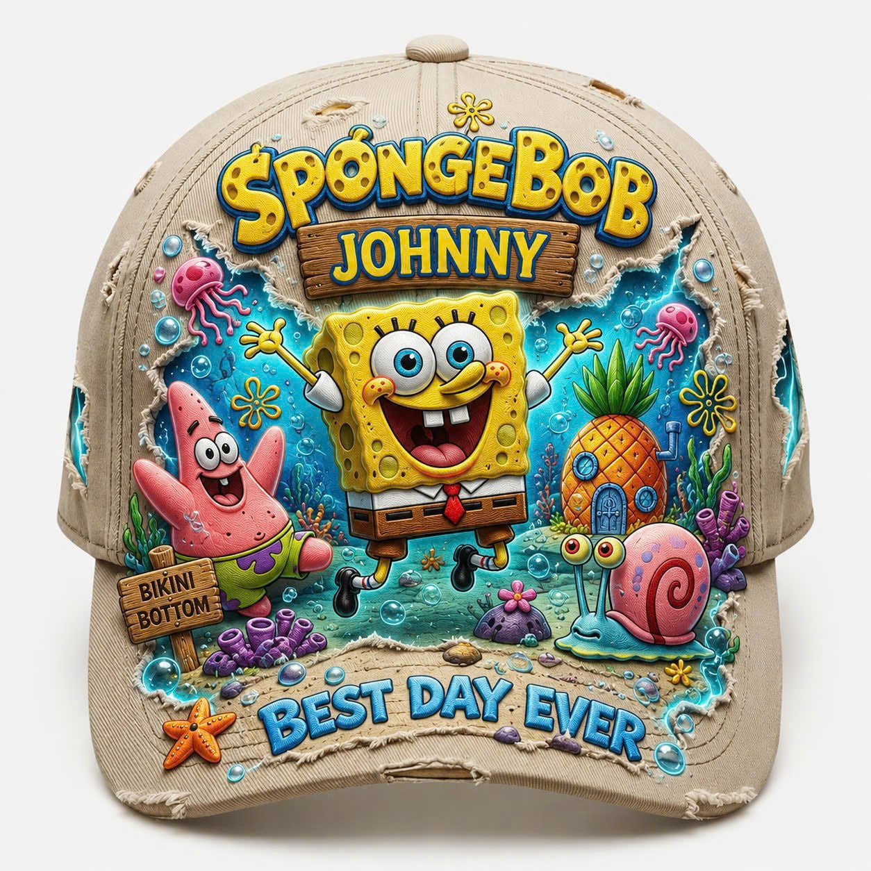 Personalized Underwater Cartoon Friends Cap – Custom Name Distressed Beach Hat