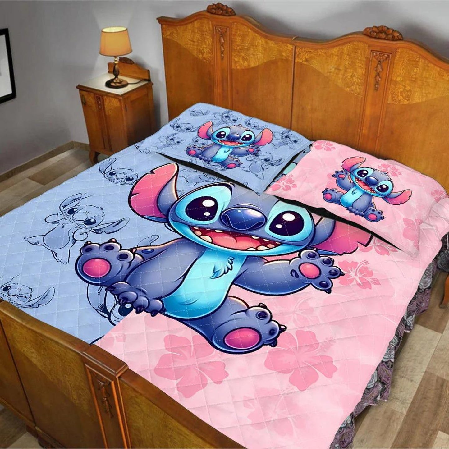 Personalized Cute Ohana Bedding Set – Custom Name Blue Alien Quilt & Pillowcase Set